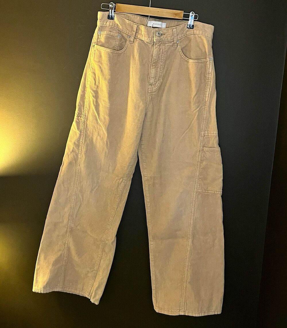 PacSun Beige Solid Corduroy Baggy Cargo Pants w/ Pockets Button Closure
